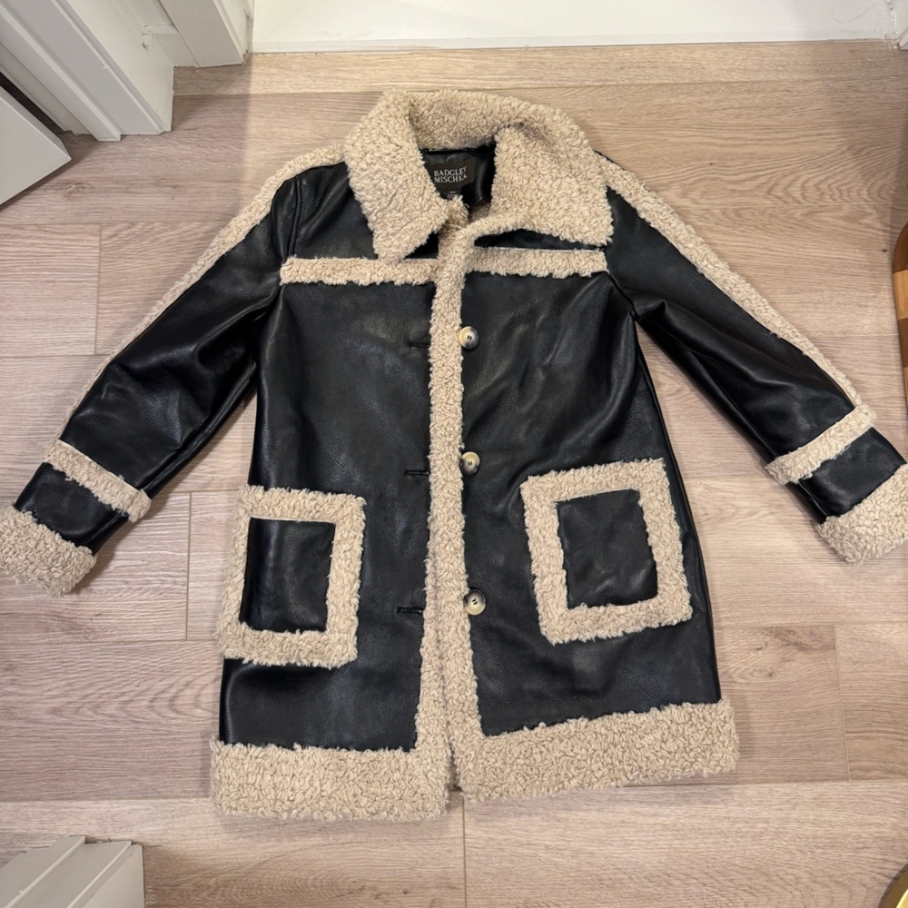 Badgley Mischka Faux Leather Shearling-Trim Coat